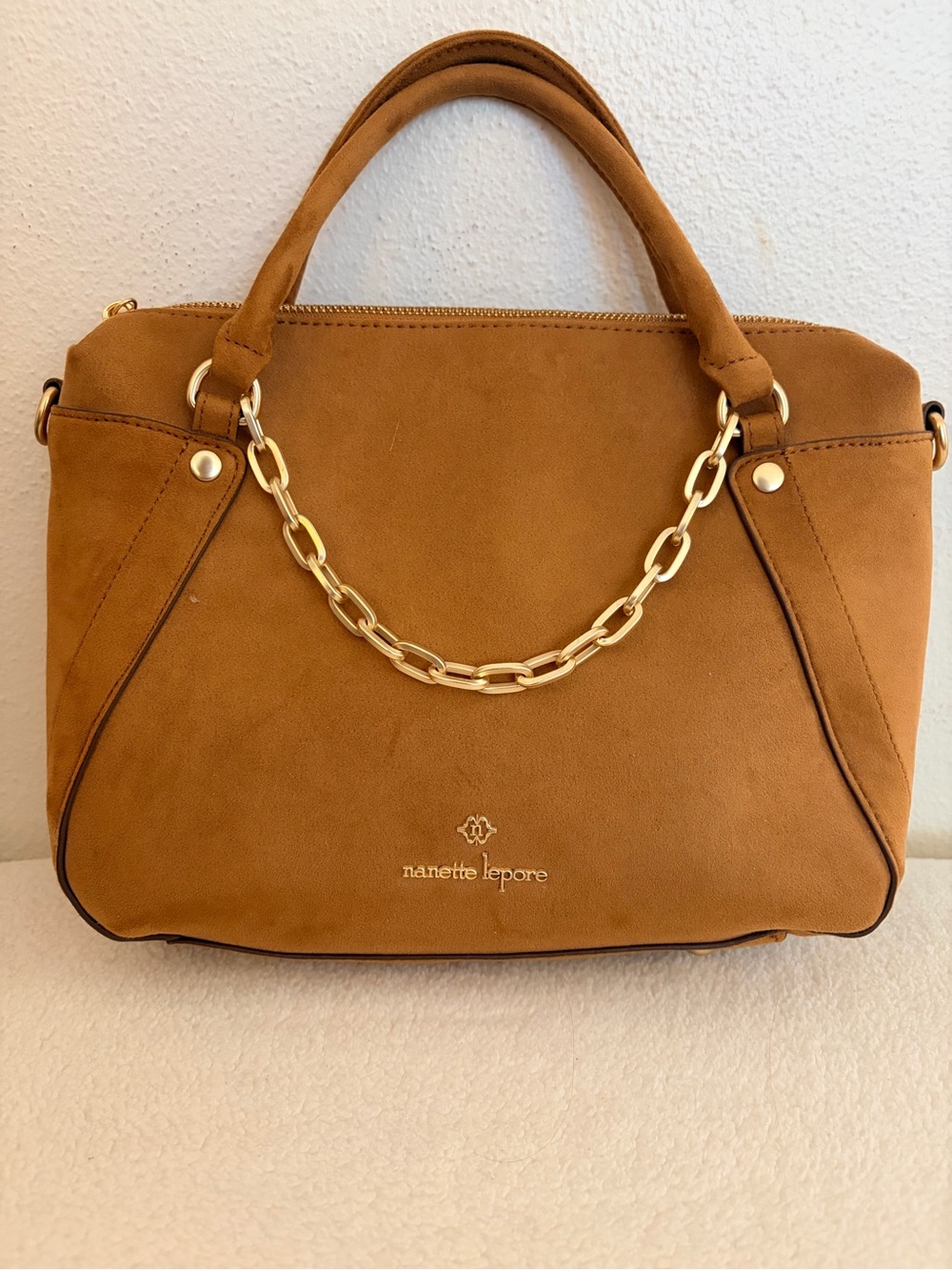 Nanette Lepore Camel colored Suede Satchel with Gold Chain